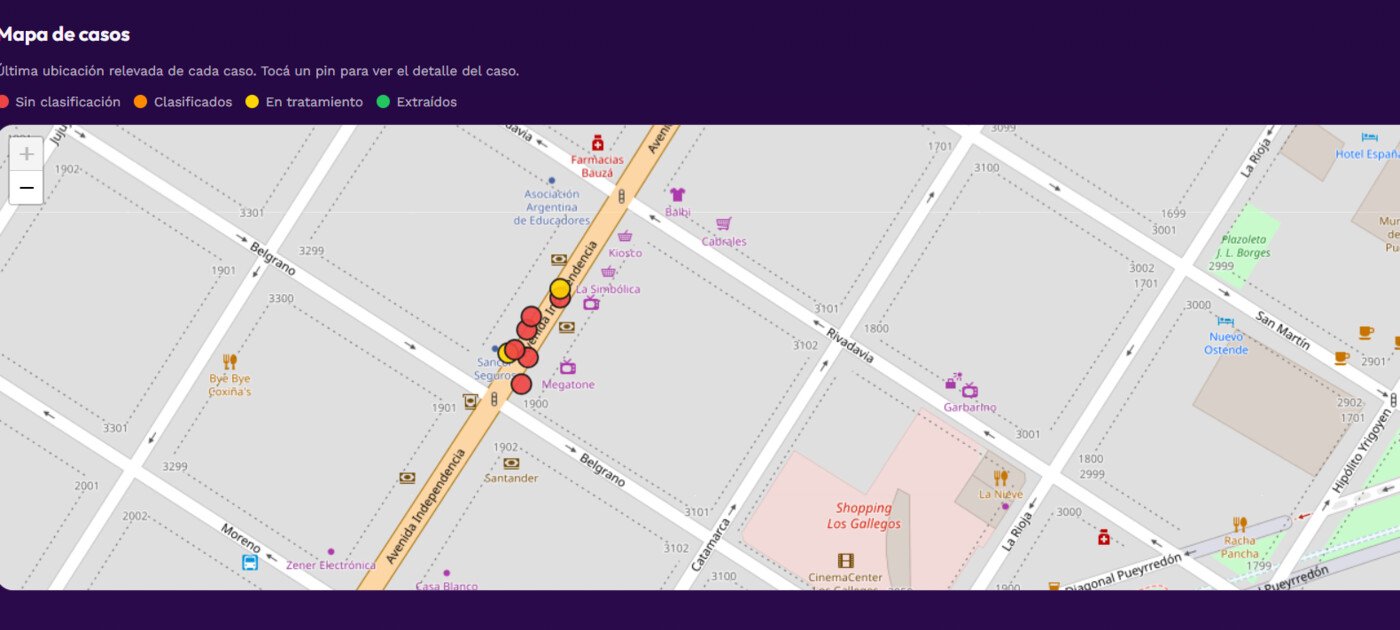 Mapa de casos de SigesCalle con la última ubicación relevada de cada persona asistida en Mar del Plata.